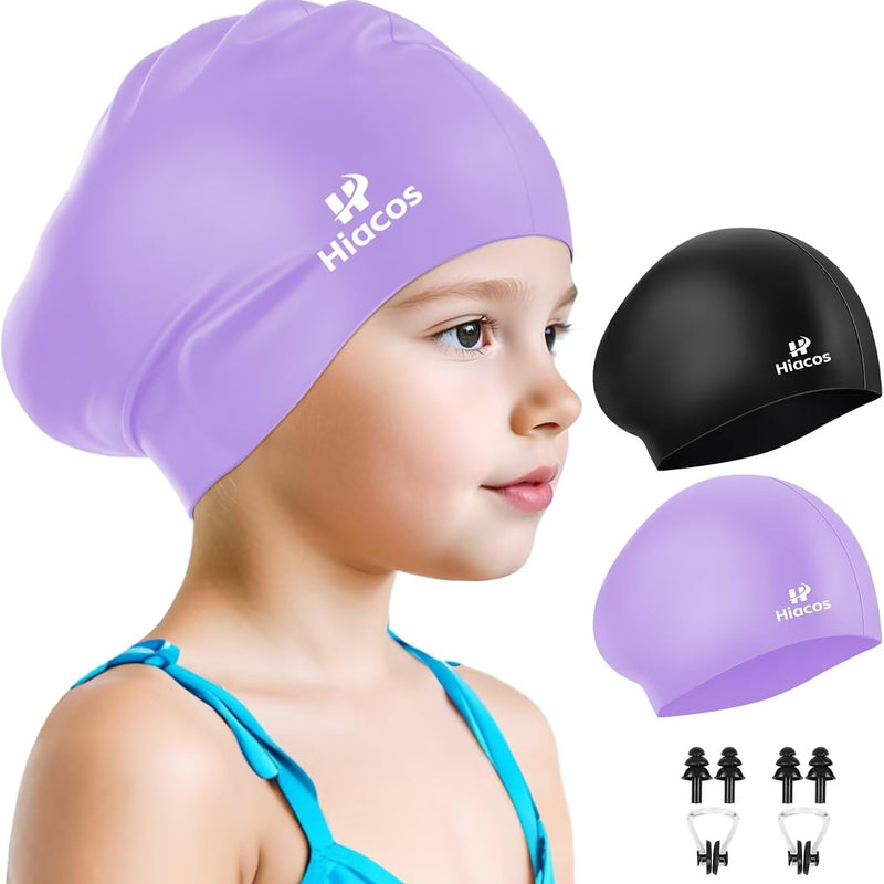 Kids Swim Cap for Girls Boys, 2 Size Silicone Swimming Cap for Long Hair, Waterproof Swim Hats for Toddlers Children Teens to Keep Hair Dry