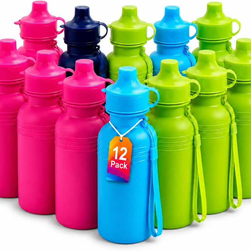 4E's Novelty Bulk Water Sports Bottles for Kids 18 oz - 12 Pack Squeeze Reusable Plastic, Neon Colors, BPA Free, Kids Water Bottles Party Favor Gift Giveaways, End of Year Student Gifts from Teacher