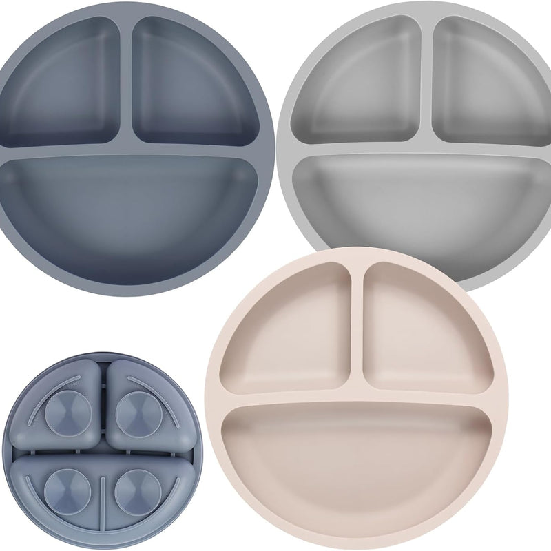 Eascrozn Toddler Plates 3 Pack, Divided Suction Plates for Baby | BPA Free, Food Grade Silicone Baby Plates, Non-Slip, Baby Led Weaning Supplies, Microwave and Dishwasher Safe