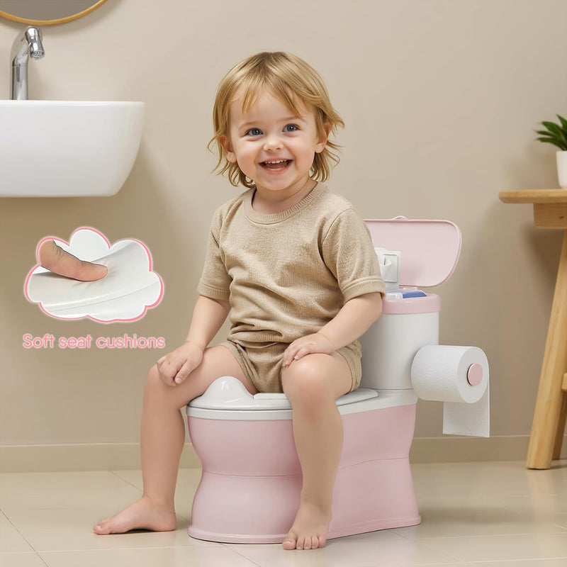 CheerTry 2-in-1 Toddler Potty Training Toilet with Detachable Training Seat | Large Potty Chair, Realistic Flushing Sound for Boys & Girls Ages 1-3 with Wipes Storage, Toilet Paper Holder - Pink