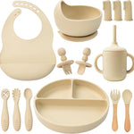 Silicone Baby Feeding Set 14 Pcs, Baby Led Weaning Set, 6M+, Blue Gray | Self-Feeding Utensils, Divided Plate, Suction Bowl, Bib, Cup, Finger Brush, Training Spoons, Microwave and Dishwasher Safe
