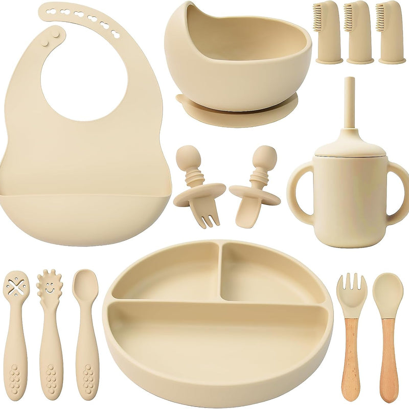 Silicone Baby Feeding Set 14 Pcs, Baby Led Weaning Set, 6M+, Blue Gray | Self-Feeding Utensils, Divided Plate, Suction Bowl, Bib, Cup, Finger Brush, Training Spoons, Microwave and Dishwasher Safe