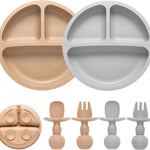 Eascrozn 2 Pack Divided Toddler Plates with Suction, Spoons and Forks Set | BPA Free, Silicone Feeding Set, Baby Led Weaning Supplies, Baby Utensils for Feeding Essentials, Dishwasher Safe