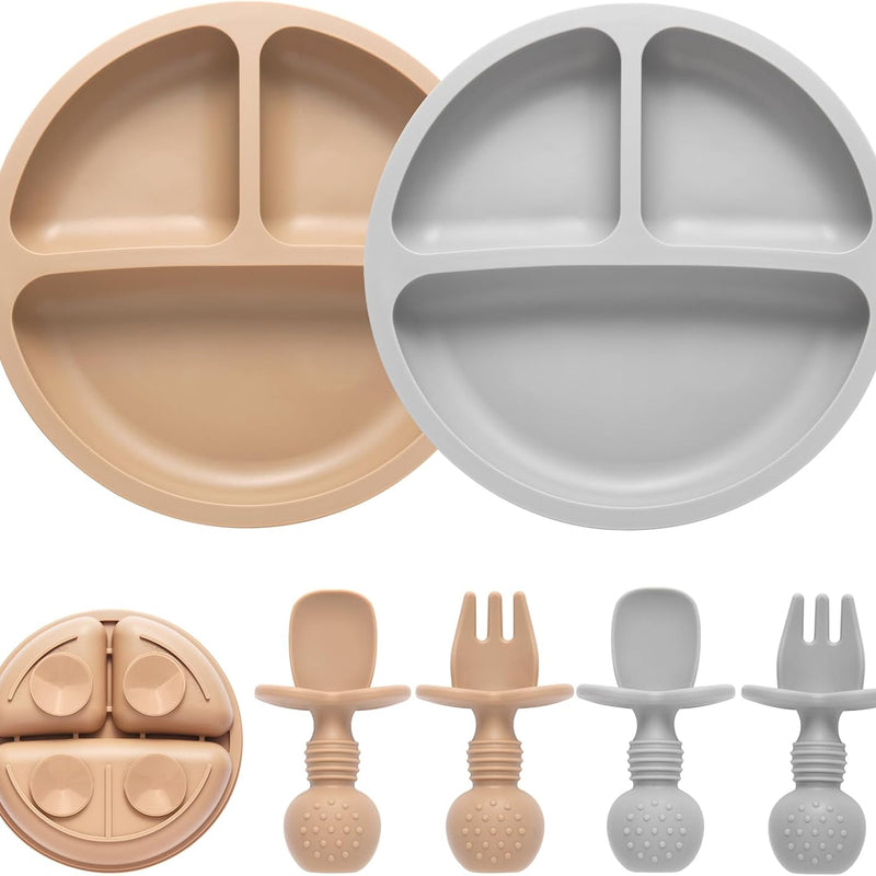 Eascrozn 2 Pack Divided Toddler Plates with Suction, Spoons and Forks Set | BPA Free, Silicone Feeding Set, Baby Led Weaning Supplies, Baby Utensils for Feeding Essentials, Dishwasher Safe