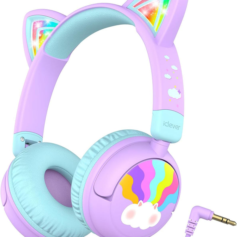 Cat ear headphones with led light up and 85dBA safe volume for kids, foldable and wireless compatible