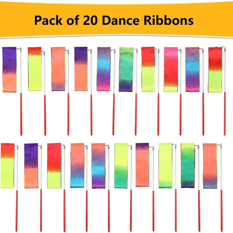dervea 20 Pack Ribbon Dancing Wands Party Favors for Kids, Rainbow Birthday Decorations, Princess Party Supplies, Girls Party Games, Gymnastics Goody Bag Stuffers (Rainbow)