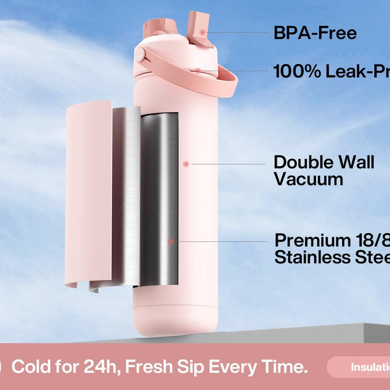 POWCAN 26 oz Insulated Water Bottle with 2-in-1 Straw and Spout Lid, Keep Cold 24H, Leak-Proof, Fits in Car Cup Holder, Stainless Steel Water Bottle for Sports, Travel, and School (Cotton Candy)