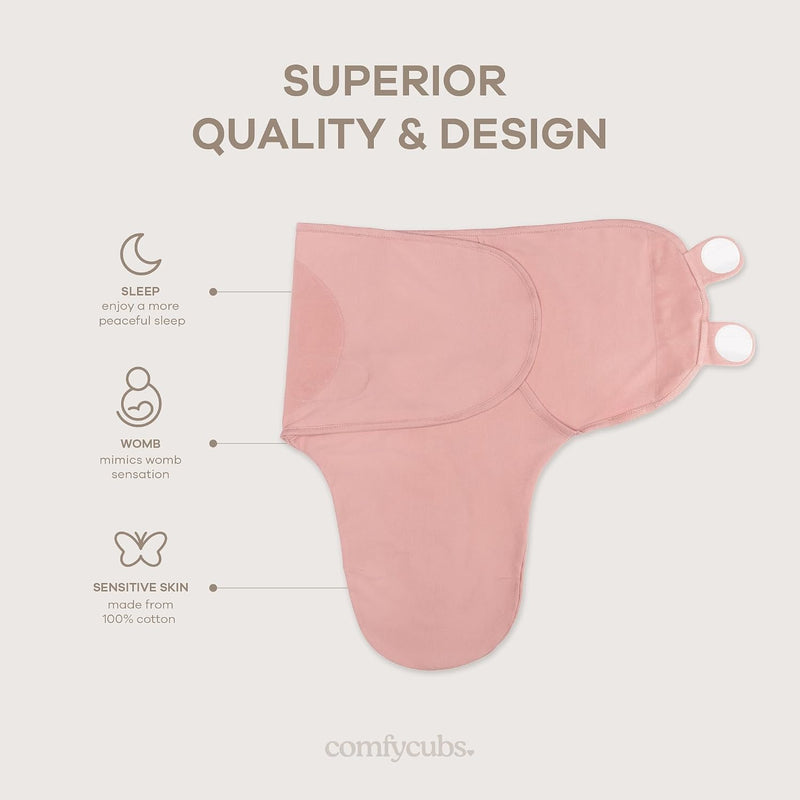 Comfy Cubs Easy Swaddle Blanket, 3 Pk S Velcro Swaddle Blush Mauve Mulberry | 100% Cotton Newborn Wrap for 0-3 Months Infants, with Adjustable Velcro, Breathable and Durable Sleep Sack for Babies