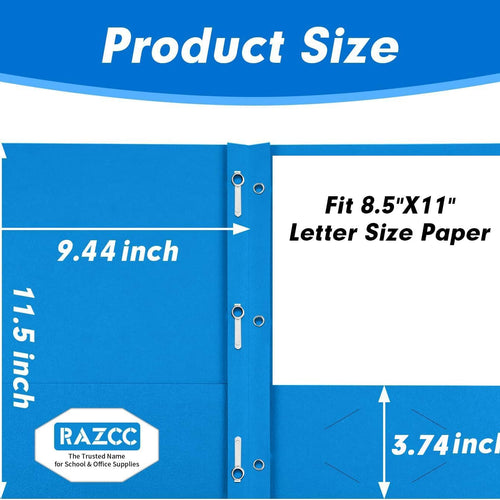 Two Pocket Folders, RAZCC 100 Pack Two Pocket with Prongs, 3 Prong Folders Fit Letter Size Paper, Pocket Paper File Folders for School Office Home Business, Assorted 5 Colors
