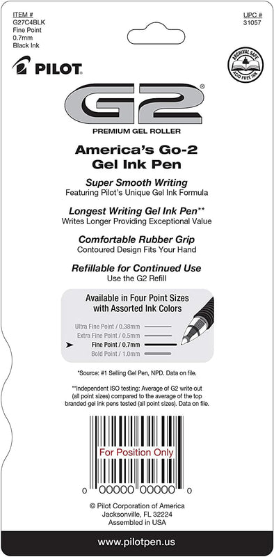 Pilot G2 Pens, Premium Refillable and Retractable Rolling Ball Gel Pens, Fine Point, 0.7mm, Black Ink, 4-Pack