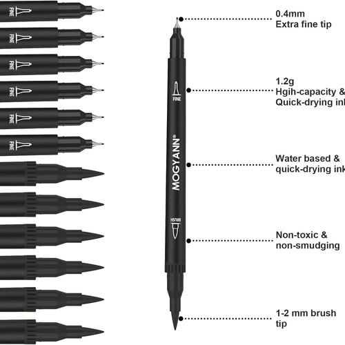 Drawing Pens, 12 Pack Dual Brush Pens Black Markers for Art Drawing Sketching