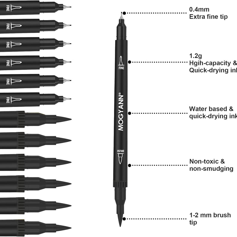 Drawing Pens, 12 Pack Dual Brush Pens Black Markers for Art Drawing Sketching