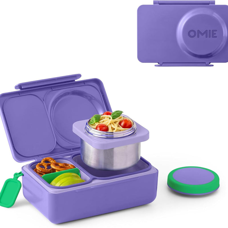 Omie OmieBox UP bento Box for Kids | Insulated Lunch Box | Leak Proof Vacuum Insulated Thermal Food jar | Cooler ice Pack | 2 Compartments (Graphite)