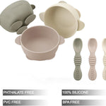 PandaEar 3 Pack Silicone Suction Baby Bowls & 3 Baby Feeding Spoons | Non-Slip Stay Put Bowls & Soft Silicone First Stage Spoons for Toddlers, BPA-Free Baby Led Weaning Set, Linen Brown Tan