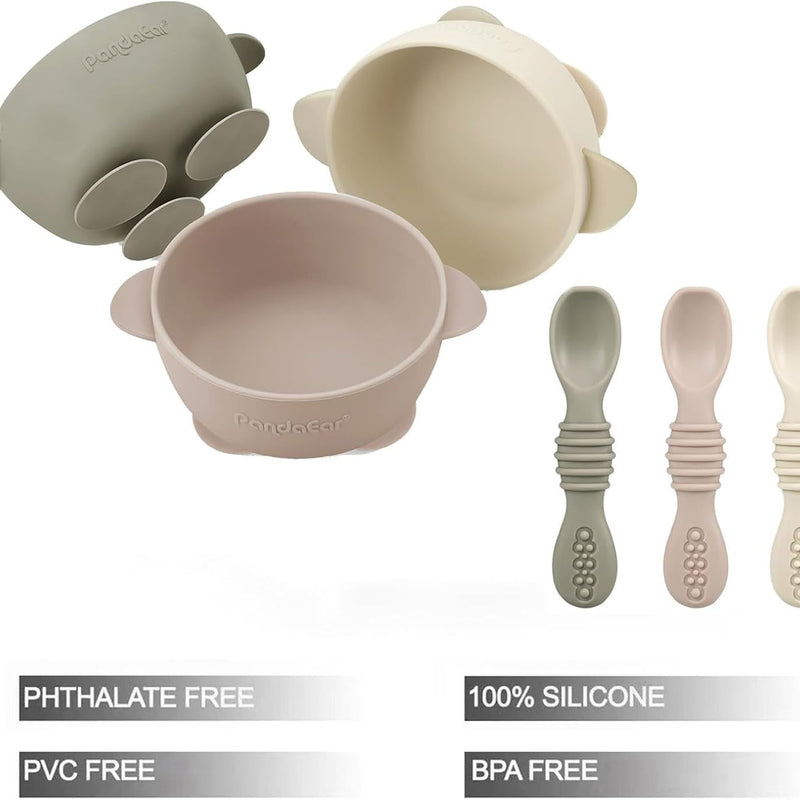 PandaEar 3 Pack Silicone Suction Baby Bowls & 3 Baby Feeding Spoons | Non-Slip Stay Put Bowls & Soft Silicone First Stage Spoons for Toddlers, BPA-Free Baby Led Weaning Set, Linen Brown Tan