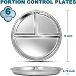 EWFEN Stainless Steel Toddler Plate Set of 6, 9" Portion Control Plates Divided Plate for Adults Kids Balance Lunch, Non Slip | Unbreakable Toddler Baby Feeding Set Dishwasher Safe
