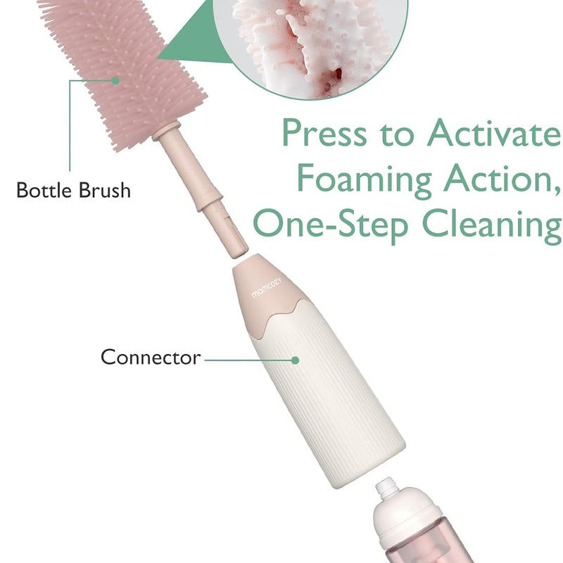 Momcozy Baby Bottle Brush Kit, Push-Press Foam Design, Pink | Portable for Home & Travel, Bottle Cleaner Brush for Breast Pumps & Nipple, Newborn Essentials, Food-Grade BPA-Free