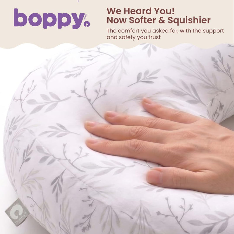 Boppy Nursing Pillow - Verified Safe Breastfeeding Pillow with Softer Fill for Comfortable Support, Machine Wash & Dry Cover, Non-Toxic Materials - Gray Gentle Leaves