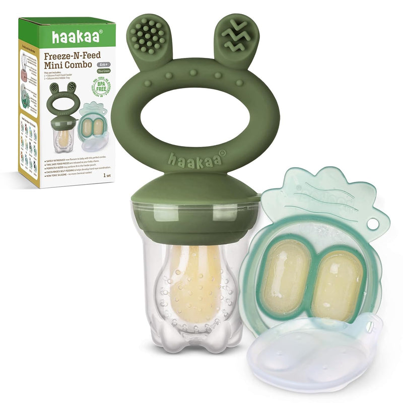 Haakaa Baby Fruit Food Feeder & Mini Freezer Nibble Tray Combo, Breastmilk Popsicle Molds for Cooling Relief, BPA Free Silicone Feeder for Safe Infant Self Feeding, 4 Month+ (Pea Green)
