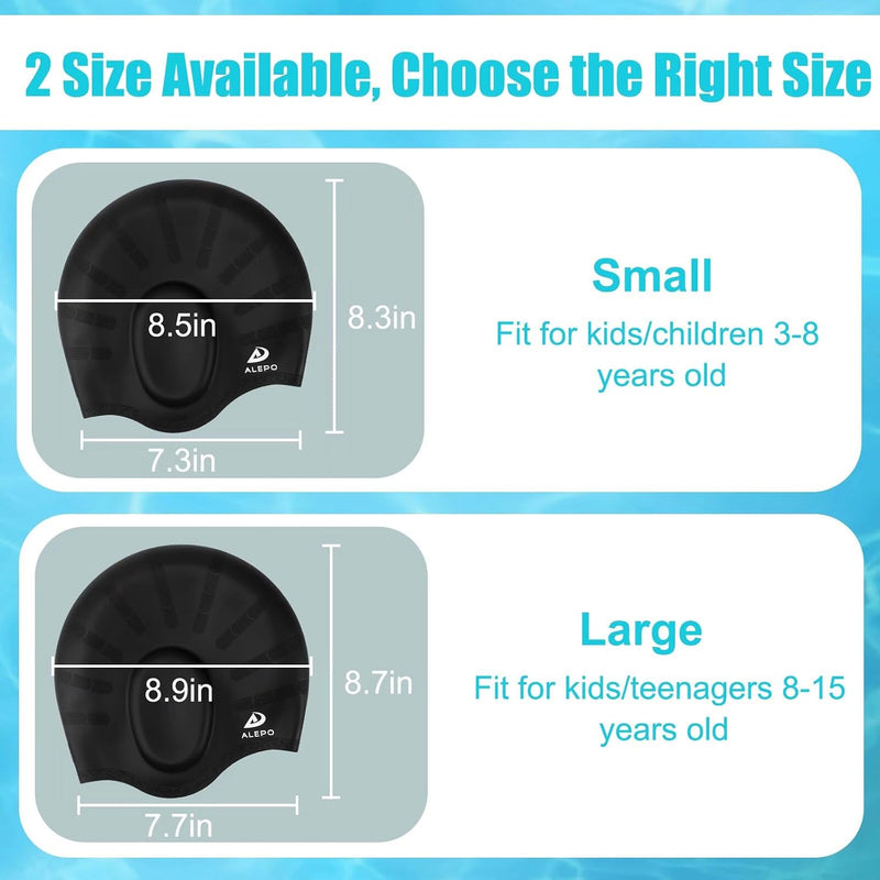 Alepo 2 Pack Kids Swim Caps for Boys Girls, Durable Silicone Swimming Cap with 3D Ear Pockets for Age 3-15 Toddler Child Youth Teen, Unisex Swim Bath Hats for Short/Long Hair with Ear Plugs Nose Clip
