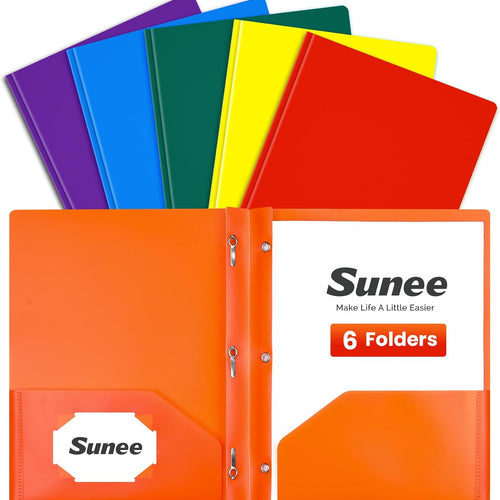 SUNEE 3-Prong Plastic Folders with Pockets (6 Pack, Assorted Colors) 2 Pocket Folders with Fasteners, Tear-Resistant Plastic Pockets, and Fit Letter Size Paper, Use for School Office Home Business