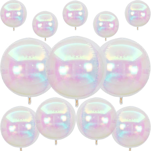 12Pcs Iridescent Round Foil Balloons: 22", 15", 10" 4D Clear Balloons for Birthday, Wedding, Mermaid Party Decor