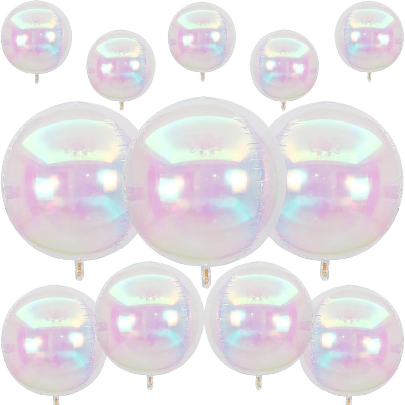 12Pcs Iridescent Round Foil Balloons: 22", 15", 10" 4D Clear Balloons for Birthday, Wedding, Mermaid Party Decor