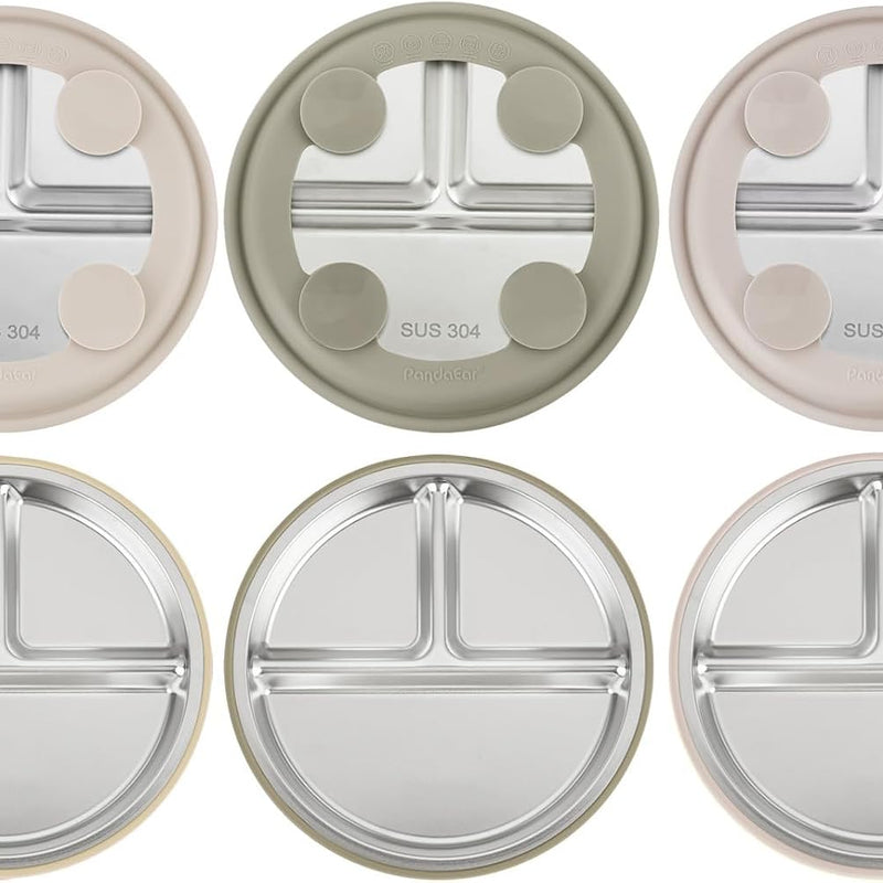 PandaEar 3 Pack Stainless Steel Baby Suction Plates, Divided Toddler Plate for Baby Led Weaning Supplies, Non-Slip Toddler Baby Feeding Set Dishwasher Safe (Blue/Green/Brown)