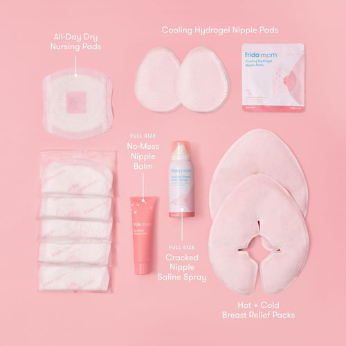Frida Mom Breastfeeding Survival Kit, 13 Piece Gift Set for Nursing Moms | Reusable Hot+Cold Breast Relief Packs, Hydrogel Nipple Pads, Saline Spray, Nipple Balm & Pads