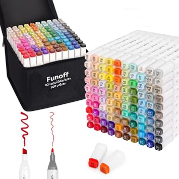 Funoff Alcohol Markers, 100 Colors Fine & Chisel Dual Tip Art Markers, Permanent Sketch Marker for Adult Coloring, Drawing, Sketching, Illustration