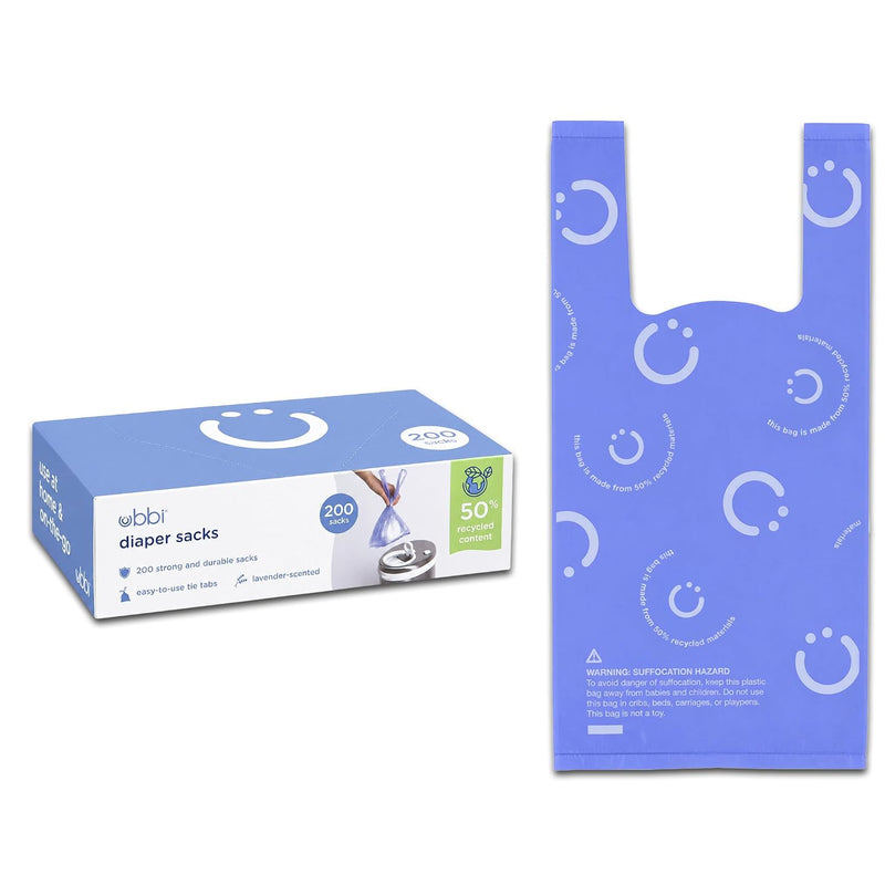 Ubbi Disposable Baby Diaper Sacks, Lavender Scented, 400 Count | Easy-To-Tie Tabs, Made from 50% Recycled Material, Disposable On-The-Go Bags, Diaper Bag and Travel Essential