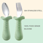 PandaEar Baby Toddler Fork and Spoon Utensil Set, 6 Pack Silicone Stainless Steel Silverware Spoon Fork for Babies Toddler, BPA Free with Silicone Holding Anti-Choke Design (Green Blue Brown)