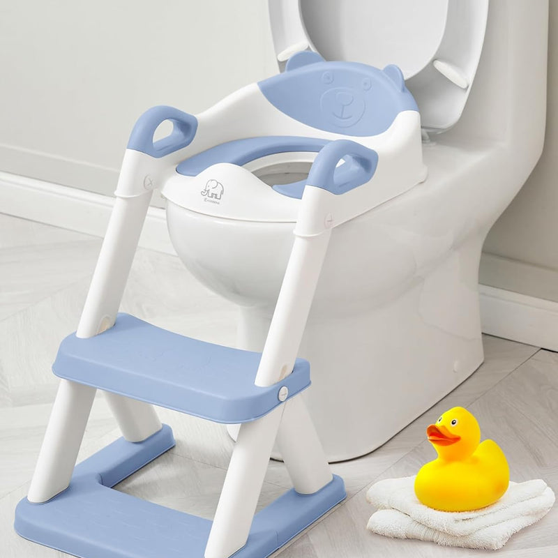 Forbena Potty Training Toilet Seat with Step Stool Ladder, Toddler Kids Potty Seat for Boys Girls, Non Slip Foldable Toilet Training Seat with Soft Cushion, Comfortable Handles (White-Grey)
