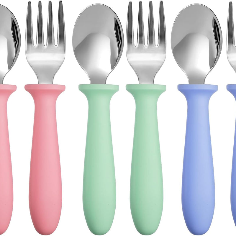 Toddler Utensils Set, 6-Piece Kids Fork and Spoon Set | 18/8 Stainless steel with plastic handles, rounded edges, toddler-size, dishwasher safe