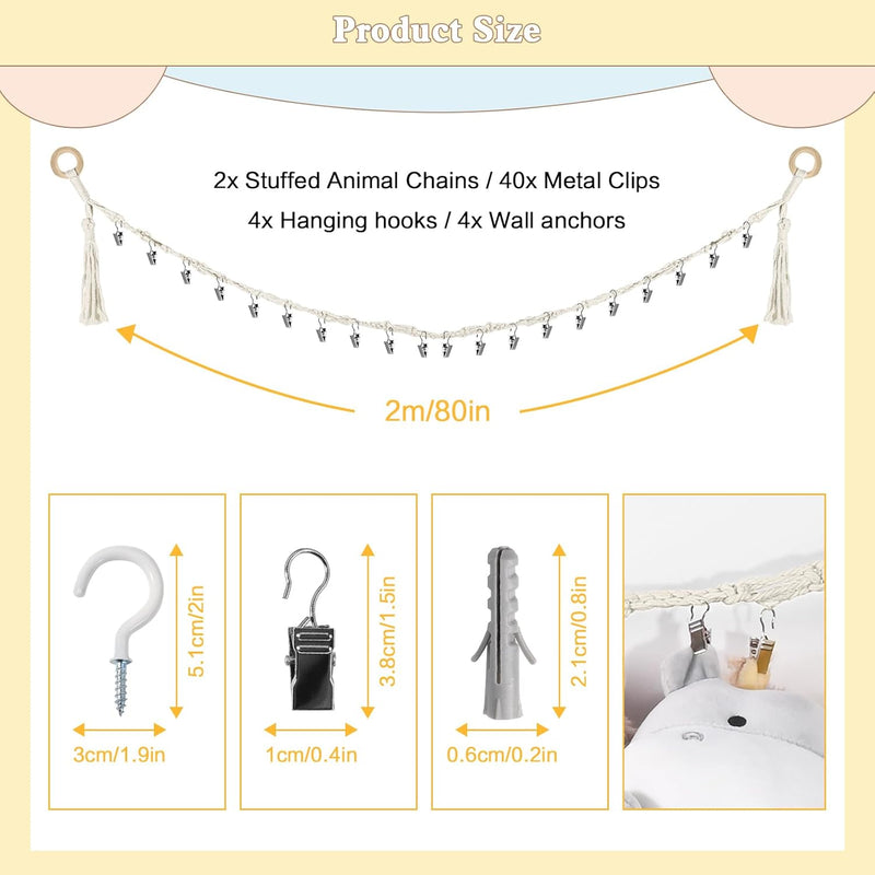 CERETIA 80" 2-Pack Cotton Hanging Storage Chain For Stuffed Animals Storage with 20 Metal Clips, Stuffed Animal Organizer Chain for Wall Corner Nursery Play Room, White