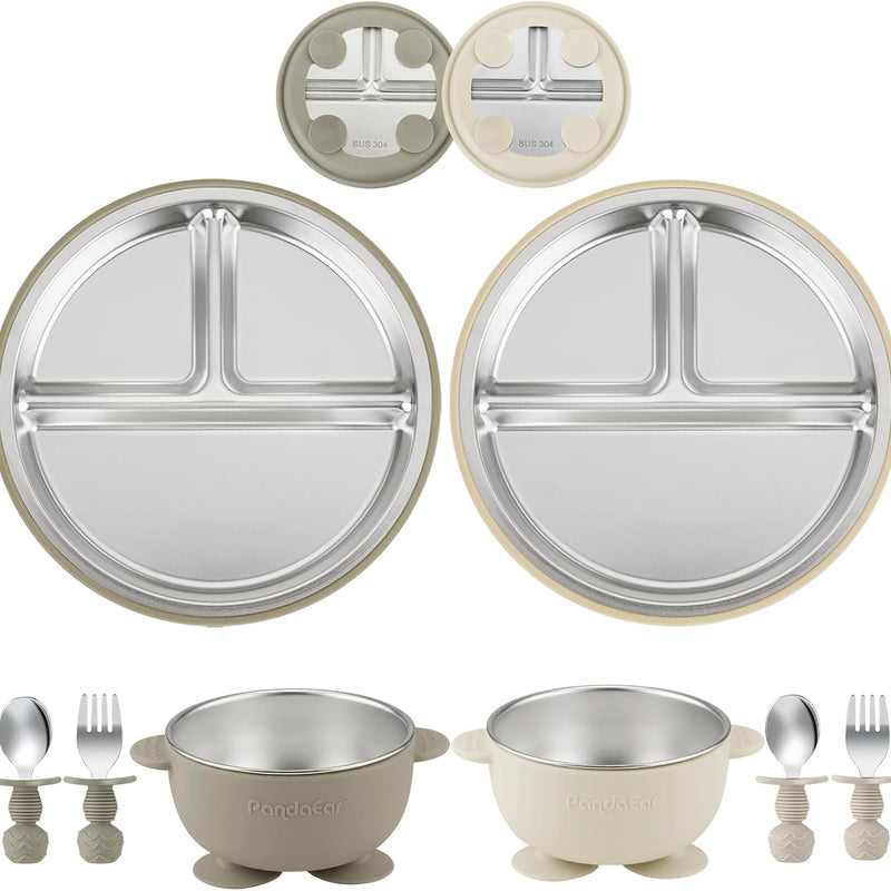 PandaEar 8PCS Baby Feeding Set | Stainless Steel Suction Plates and Bowls with Silicone Fork and Spoon Utensils | Baby Led Weaning Tableware for Toddlers & Kids (Pink & Blue)