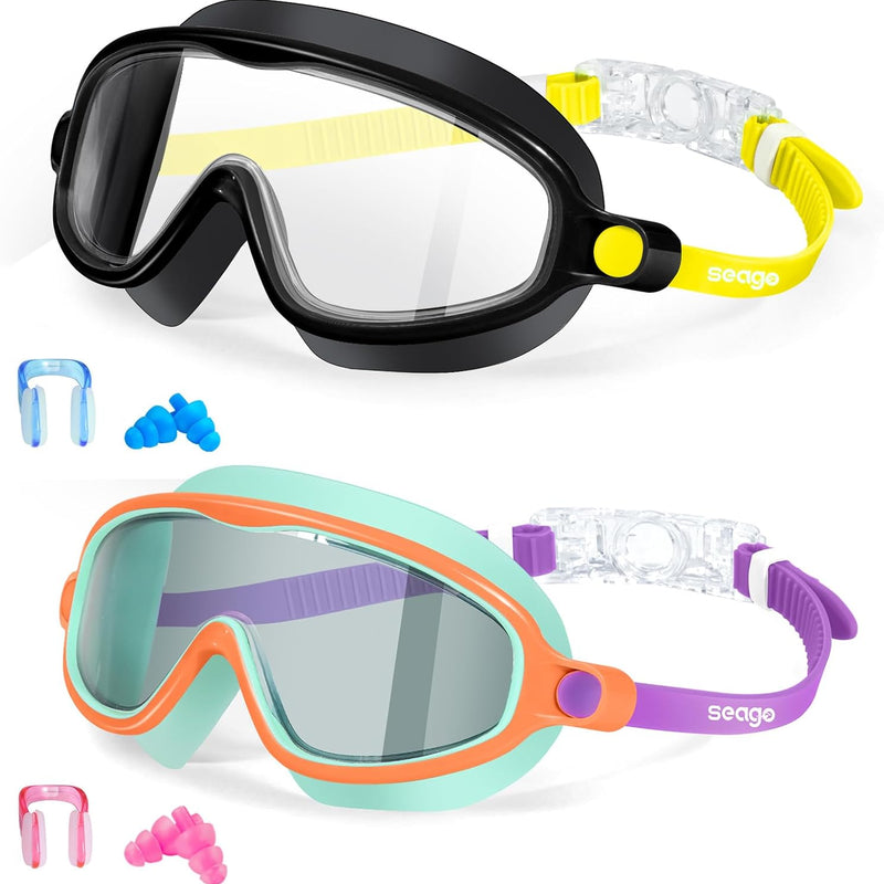 Seago Swim Goggles 2 Pack Anti-Fog Anti-UV Wide View Swimming Goggles for Kids 3-14