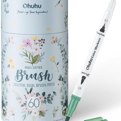 Ohuhu Markers for Adult Coloring Books No Bleeding 60 Colors Coloring Markers Water-based Dual Tips Fineliner & Brush Drawing Pens Art Pens for Kids Adults Sketch Journal - Maui - White
