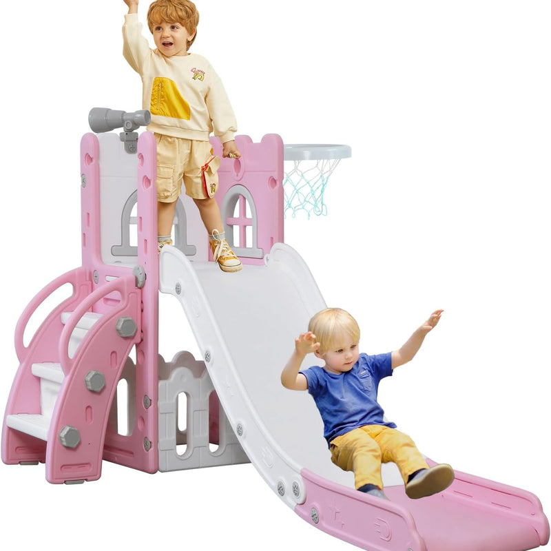 LulliSpace 6 in 1 Toddler Slide,Kids Climber Slider for Indoor Outdoor Playground with Basketball Hoop,Storage and Telescope,L Shaped Slide for Toddler Climber Playset