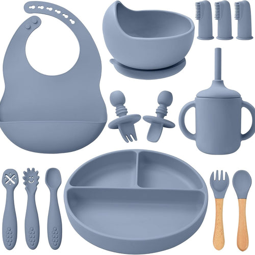 Silicone Baby Feeding Set 14 Pcs, Baby Led Weaning Set, 6M+, Blue Gray | Self-Feeding Utensils, Divided Plate, Suction Bowl, Bib, Cup, Finger Brush, Training Spoons, Microwave and Dishwasher Safe