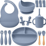 Silicone Baby Feeding Set 14 Pcs, Baby Led Weaning Set, 6M+, Blue Gray | Self-Feeding Utensils, Divided Plate, Suction Bowl, Bib, Cup, Finger Brush, Training Spoons, Microwave and Dishwasher Safe