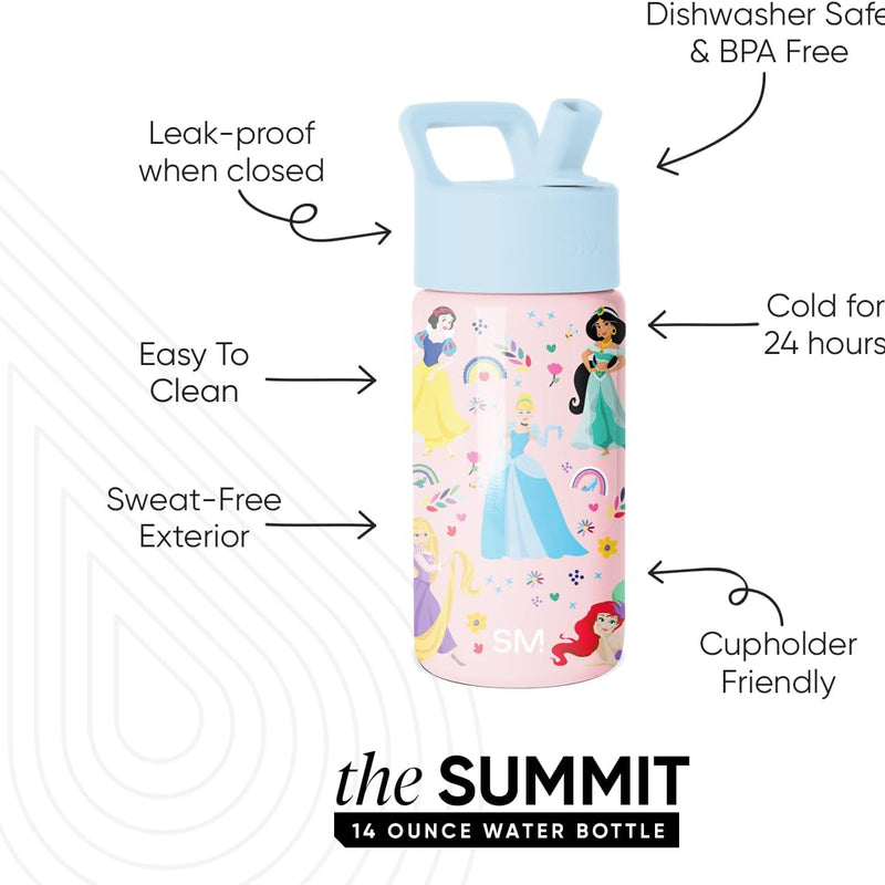 Simple Modern Disney Princess Kids Water Bottle & Toddler Cup | 14oz | Insulated Stainless Steel Princess Rainbows Toddler Water Bottle, Kids Tumbler with Straw | Spill Proof for School Girls Boys
