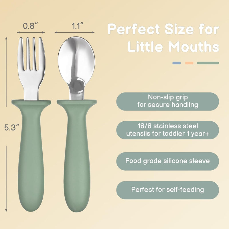 Eascrozn Toddler Utensils, 6 Pack Children Safe Forks and Spoons Set | kids Silverware Set with Silicone Handle, 18/8 Stainless Steel, BPA Free, Dishwasher Safe