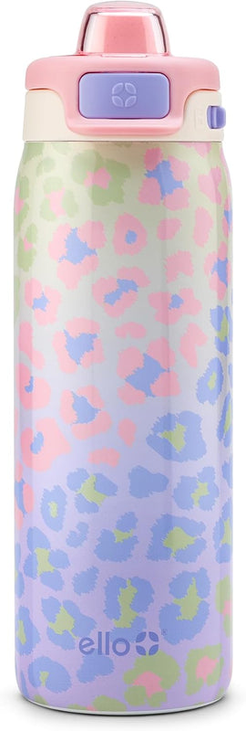 Ello Kids Pop & Fill 18oz Stainless Water Bottle, Sip or Chug, Cheetah | Insulated stainless steel kids water bottle with Quick Fill™ lid, sip straw, chug opening, leakproof lock, and BPA-free