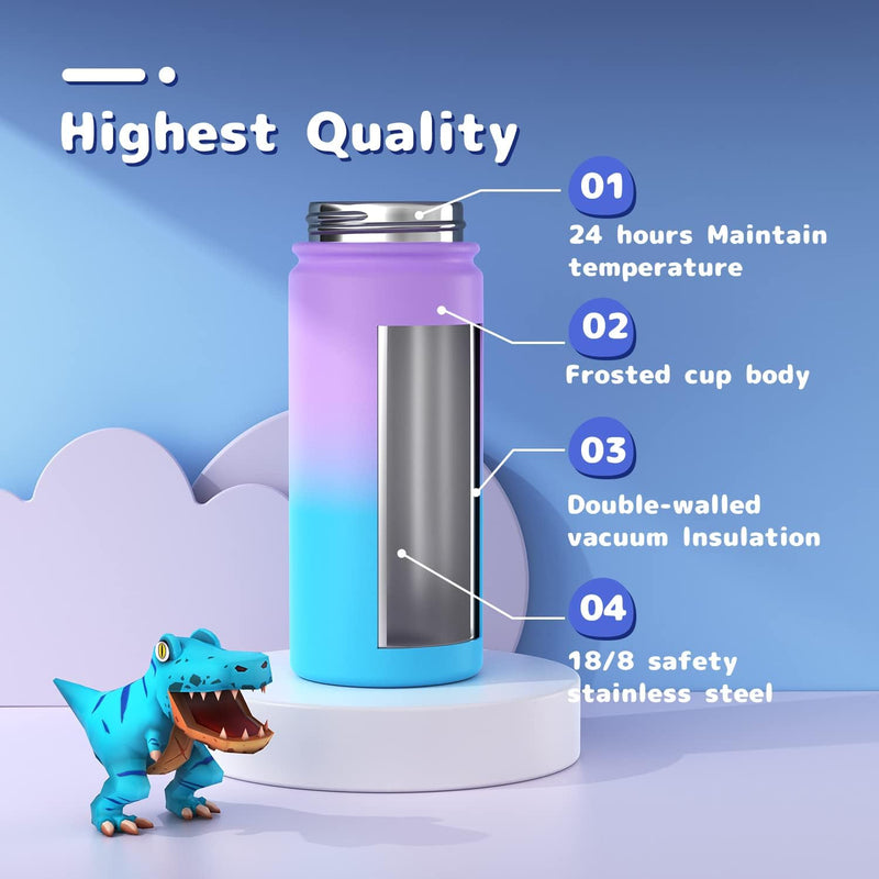 Gonfoam 16oz Kids Stainless Steel Insulated Water Bottle, 2 Pack | DIY Stickers, BPA-free, Leak-proof, Sturdy, Keeps Cold 24h, Easy to Carry, Easy to Clean, Back to School, Gifts