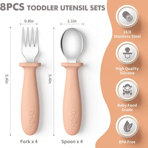 8 Pcs Toddler Utensils Set Kids Silverware with Forks and Spoons | Baby Utensils with Silicone Handle, Anti-Choke Design for Children's Safe Self-Feeding, Food Grade Dishwasher Safe, BPA-Free