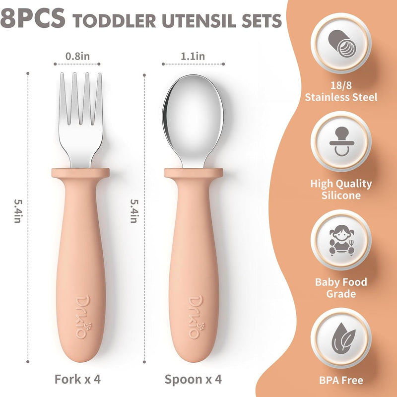 8 Pcs Toddler Utensils Set Kids Silverware with Forks and Spoons | Baby Utensils with Silicone Handle, Anti-Choke Design for Children's Safe Self-Feeding, Food Grade Dishwasher Safe, BPA-Free