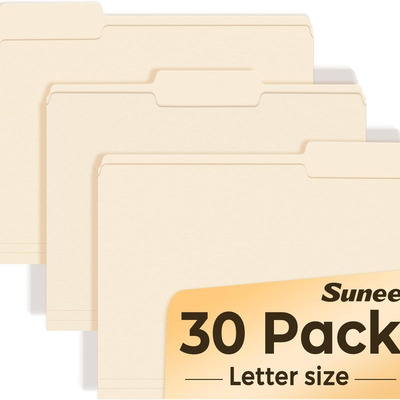 SUNEE File Folders, 30 Pack Manilla Folders 8.5 x 11, 1/3 Cut Tab for Easy Labeling and Organization, Durable Standard Paper for Home, Office, School Filing