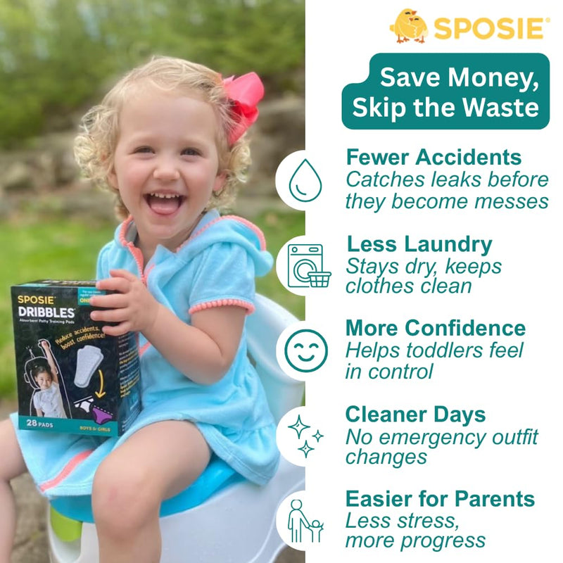 Sposie Dribbles, Turn Any Underwear Into Potty Training Underwear, 28 Ct | Pads for Faster, Cleaner, and Easier Potty Training, Less Laundry & Fewer Messes, Use with Toilets, Seats, Charts, & Stickers