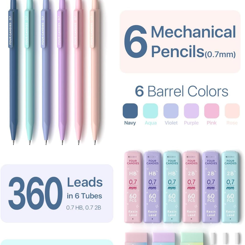 Four Candies Cute Mechanical Pencil Set, 0.7mm Medium Point, 6-Count Pack | 360 HB/2B Leads, 3 Erasers, 9 Eraser Refills, Storage Case, Triangular Grip, for Everyday Homework & Journal